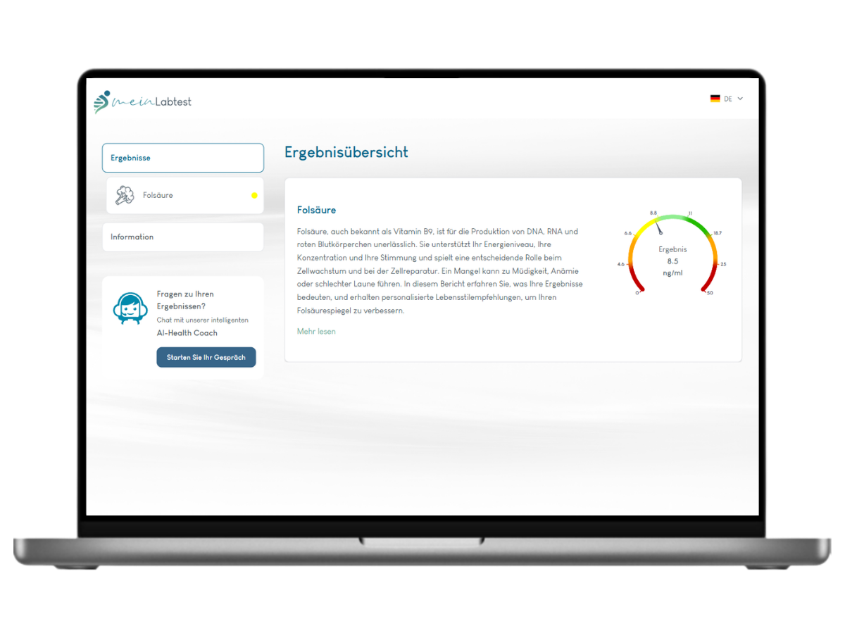 Beispiel des Folsäure Test Ergebnisses auf einem Laptop